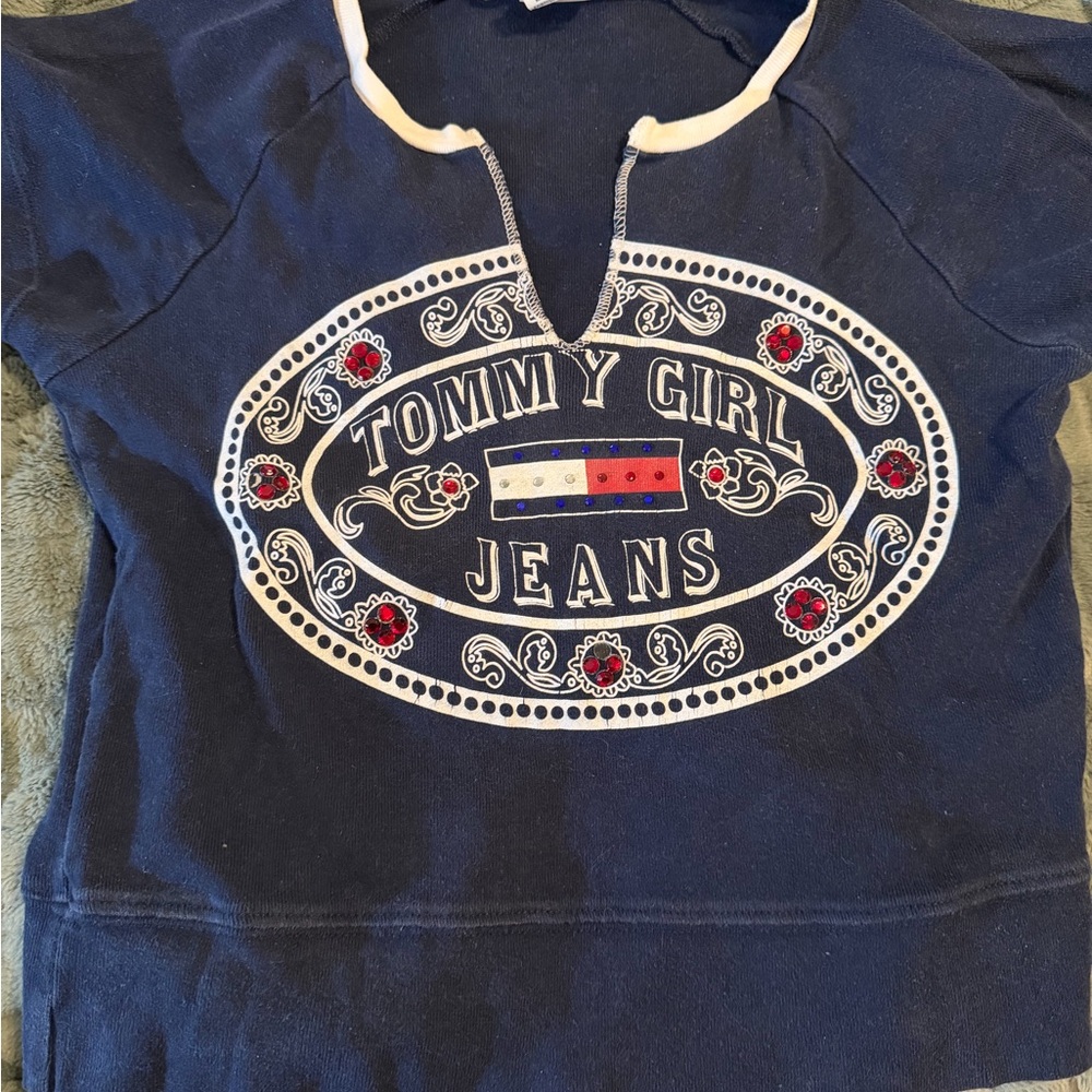Y2K Tommy Hilfiger Navy Short Sleeve Graphic Tee with White Trim and Red Accents